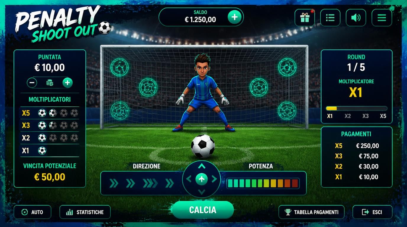  Interfaccia utente moderna di Penalty Shoot Out con direzione del tiro, portiere e moltiplicatore evidenziati